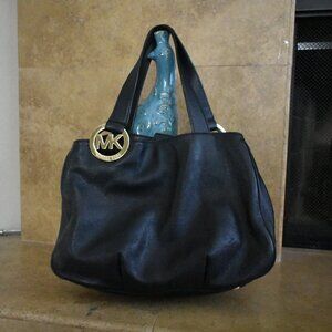 Michael Kors MK SIDE LOGO Fulton Black Pebbled Leather Hobo SATCHEL Shoulder Bag